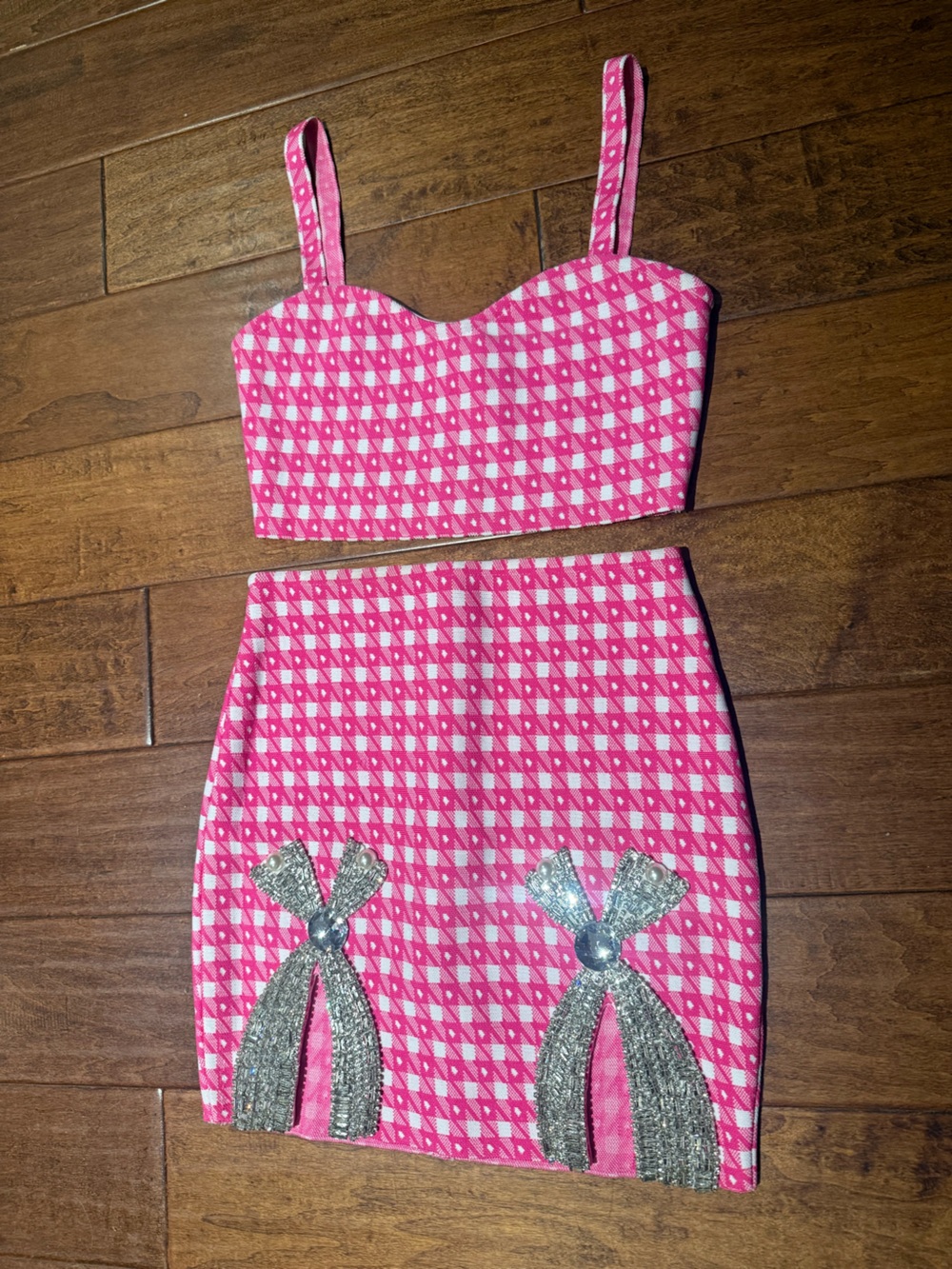 Pink Gingham Two Piece Set. Mini Skirt & Crop Top. Beaded Bow Accent. Worn once.
